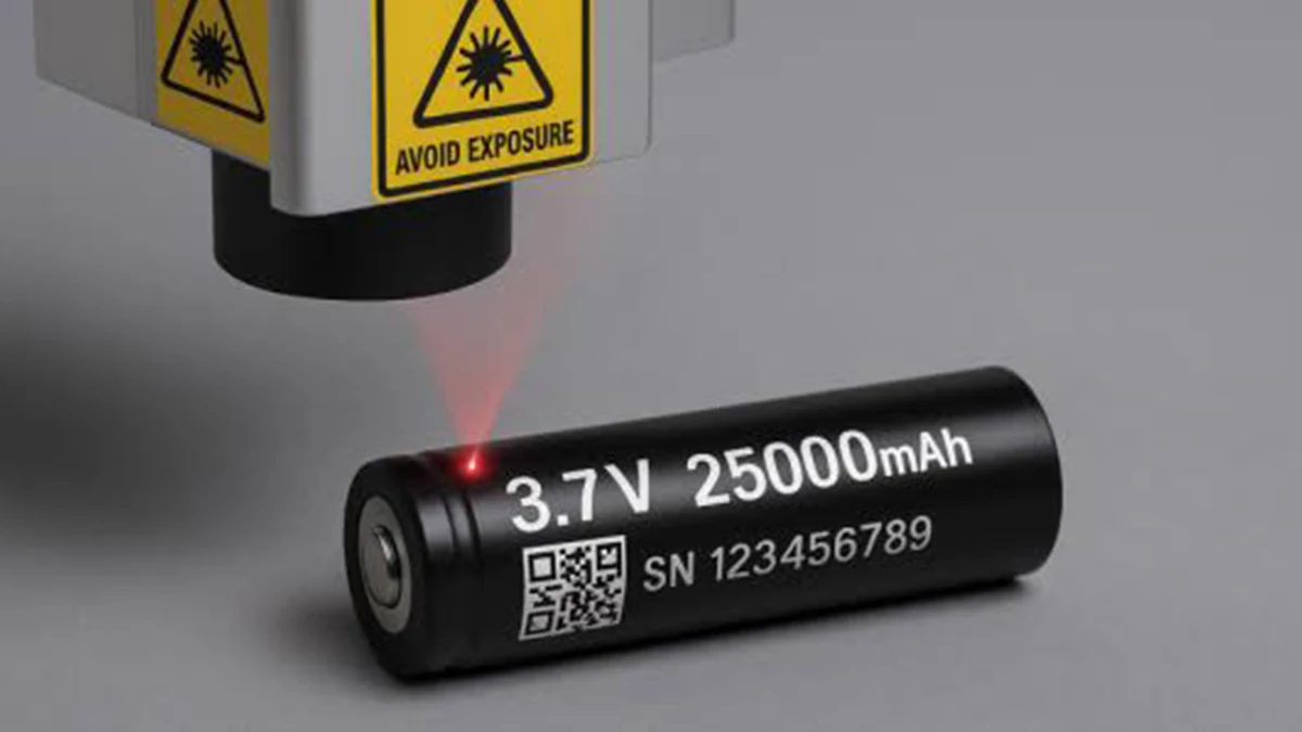 Laser marking example on a cylindrical battery cell with voltage, capacity, QR code and serial number