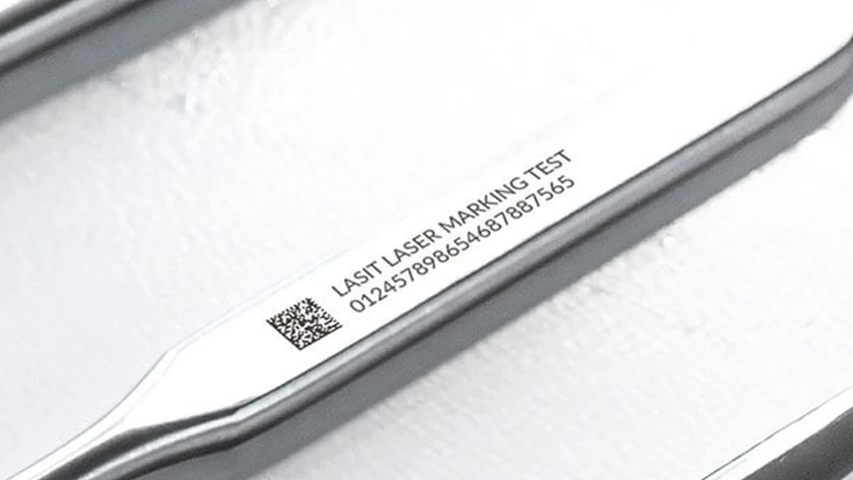 Medical metal instrument with laser-marked Data Matrix code and identification text