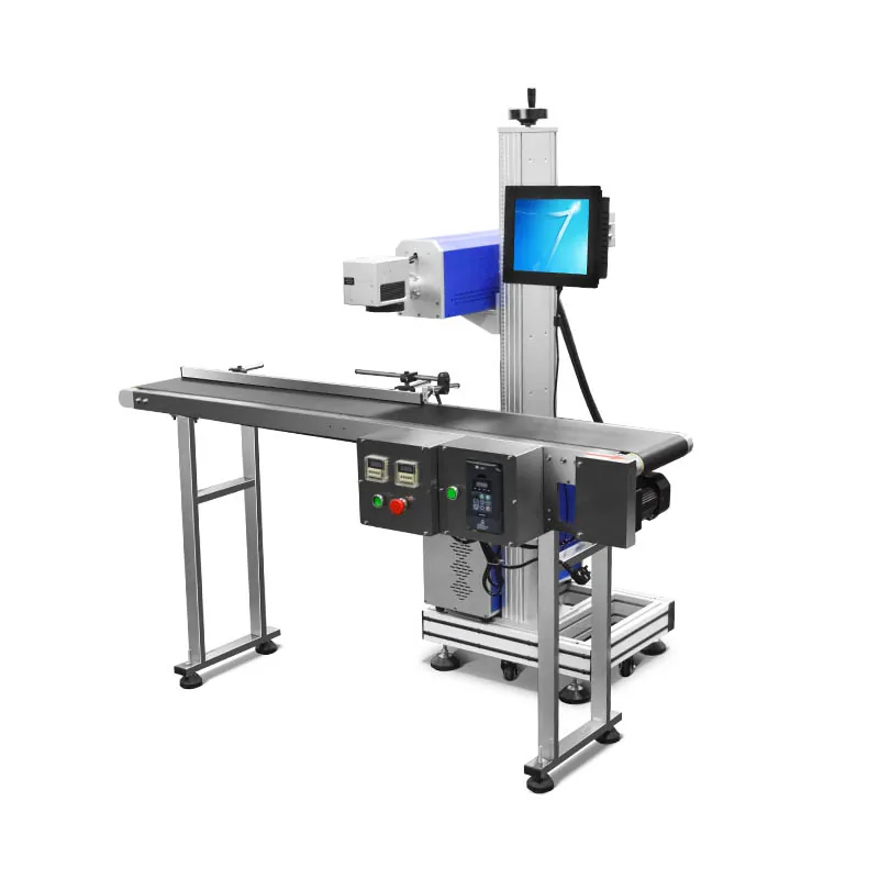 Flying CO2 laser marking machine mounted above a conveyor