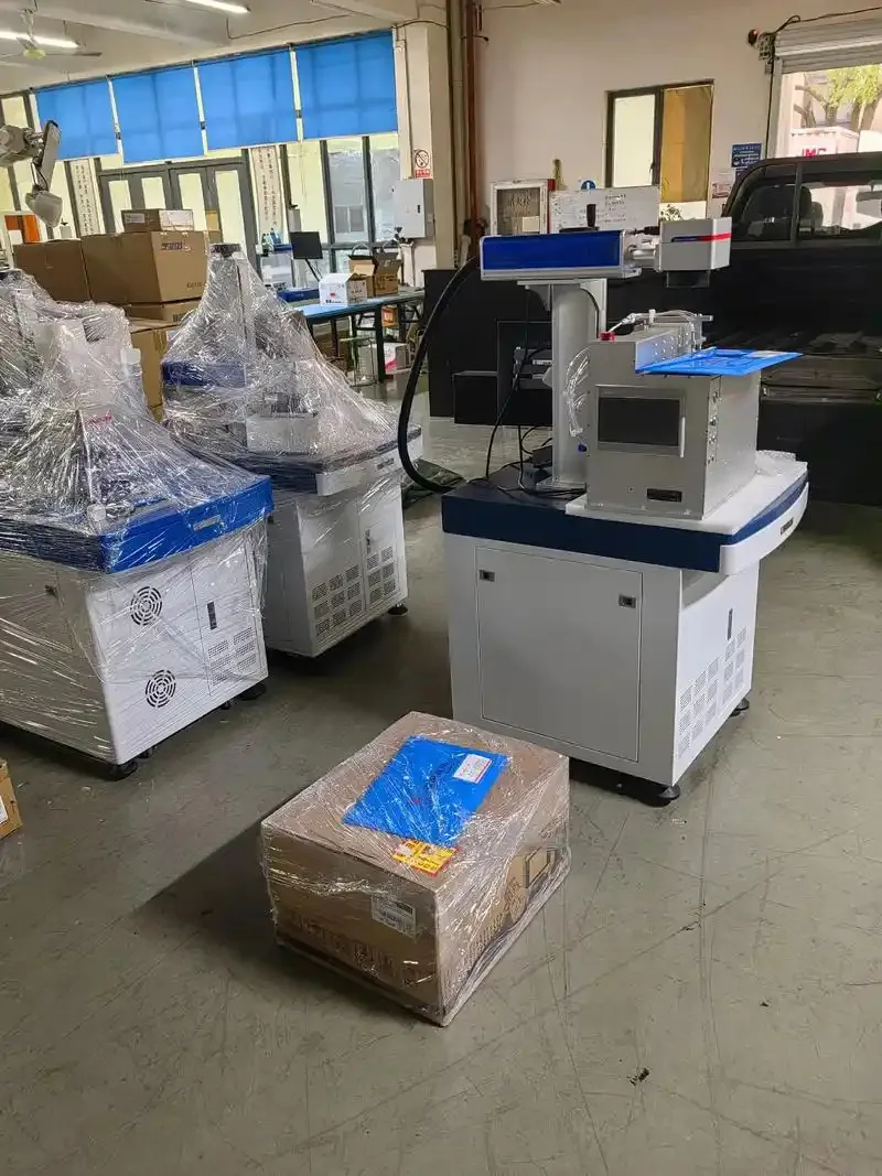 Laser marking machines wrapped and staged for shipment