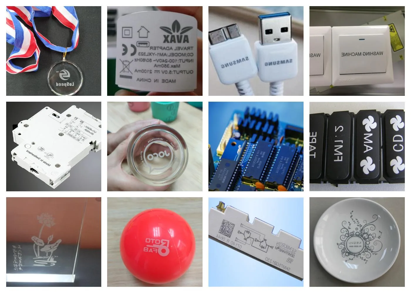 Assorted laser-marked samples showing different surface marking appearances