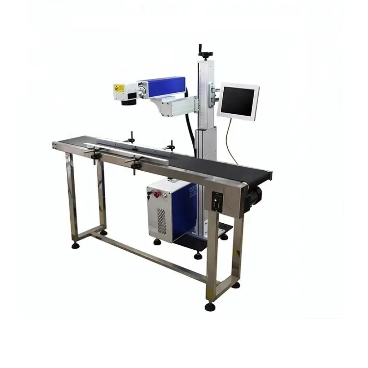 Flying fiber laser marking machine mounted for conveyor-line marking