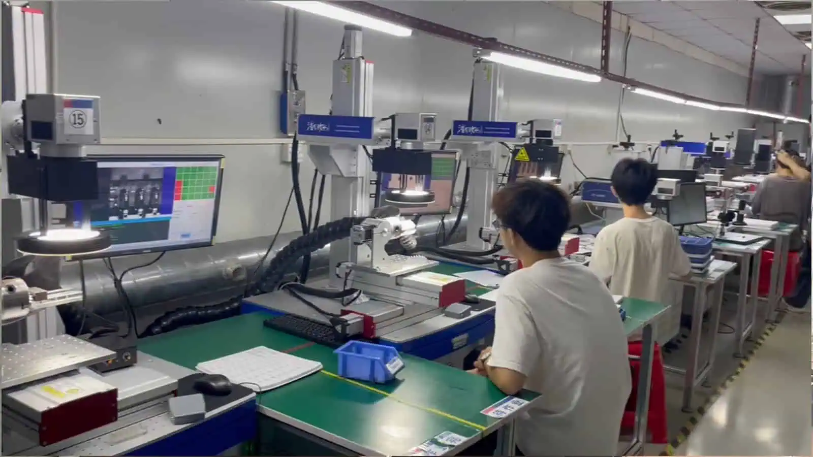Actual custom multi-axis laser marking system with XY table motion, rotary positioning, electric Z-axis lifting, and a moving galvo-head axis