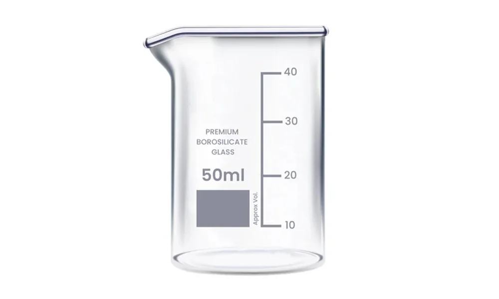 Borosilicate glass beaker with permanent scale and identification markings