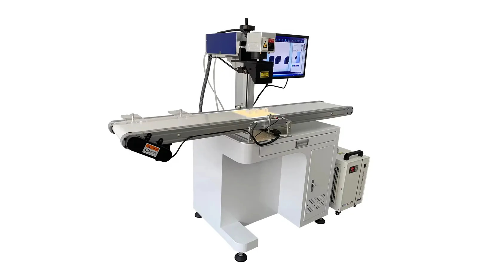 Laser marking workstation with conveyor and camera for controlled part positioning and production flow