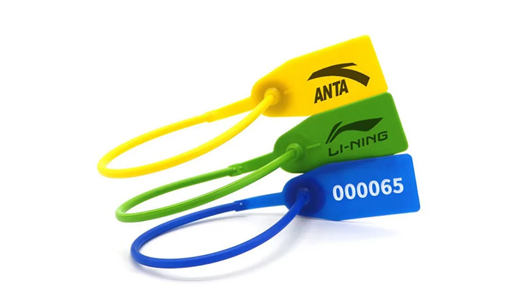 Colored coated plastic tags with laser-marked text and numbers