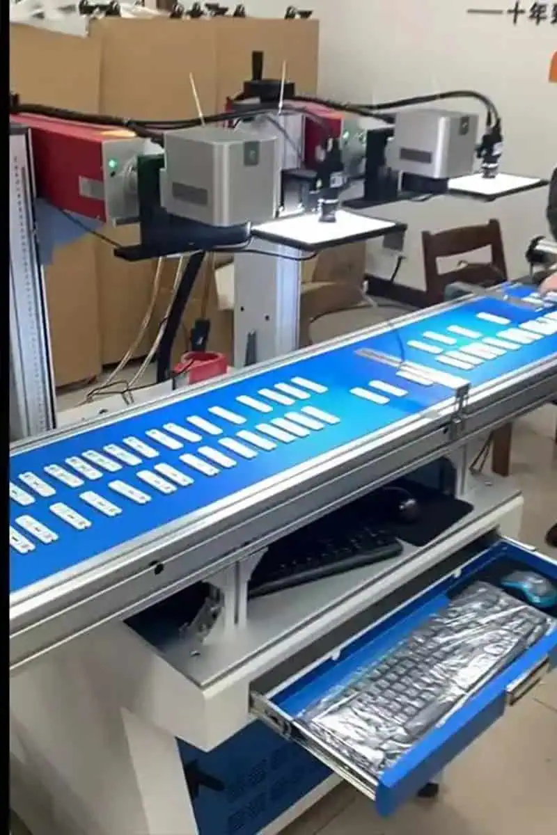 Custom Vision CCD laser marking machine with multi-head camera-guided conveyor configuration