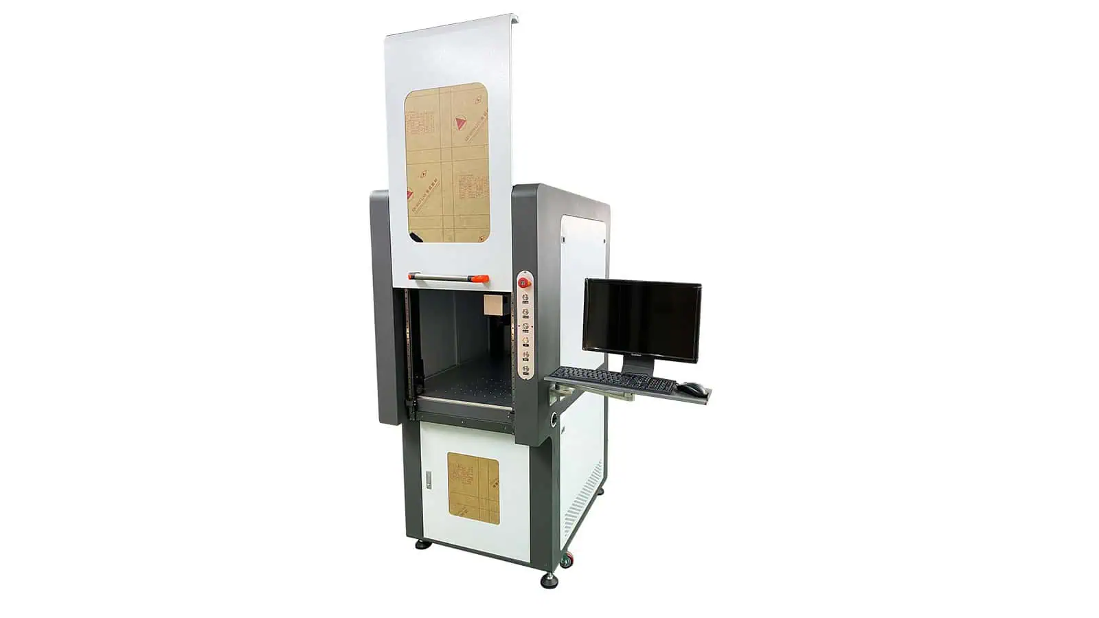 Enclosed laser marking workstation with guarded access and external controls