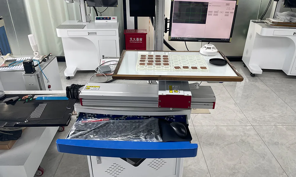 Laser marking workstation with a linear positioning platform holding multiple workpieces