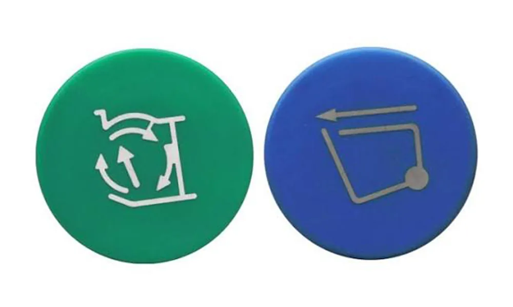 Laser marking examples on green and blue polypropylene plastic buttons