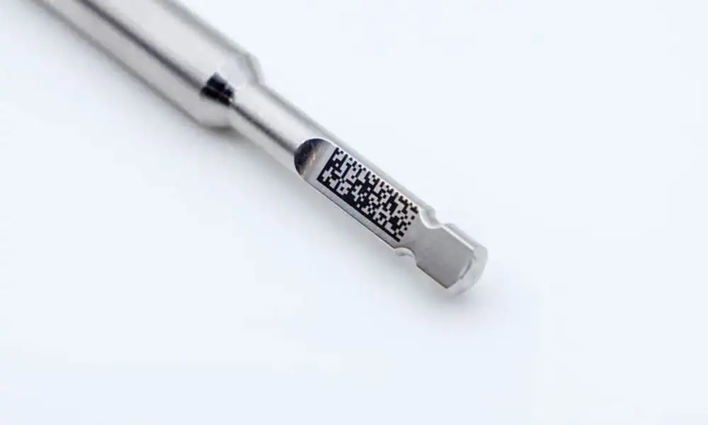 Data Matrix direct part mark on a small metal component