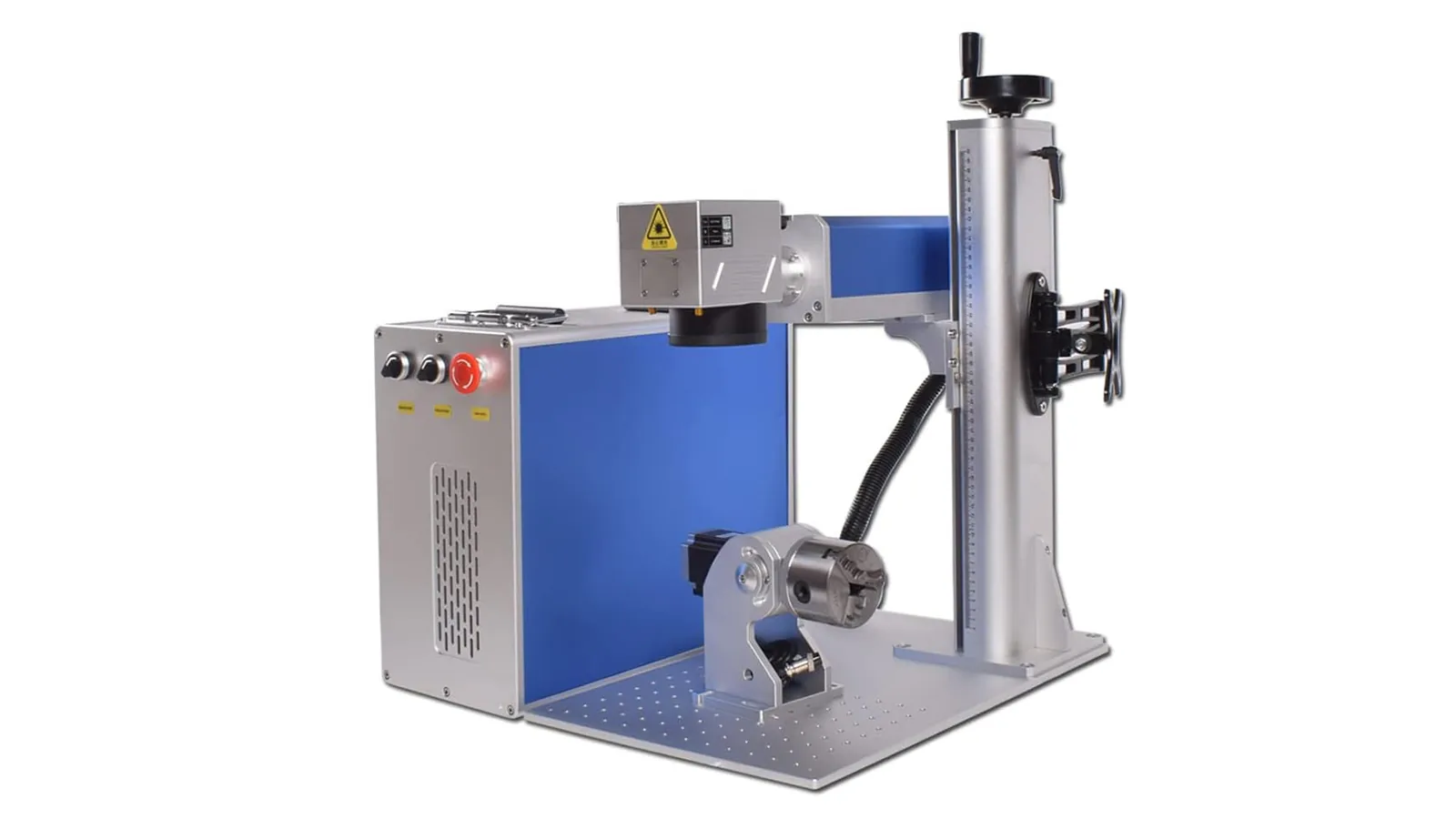 MOPA fiber laser marking machine with a rotary chuck on the worktable