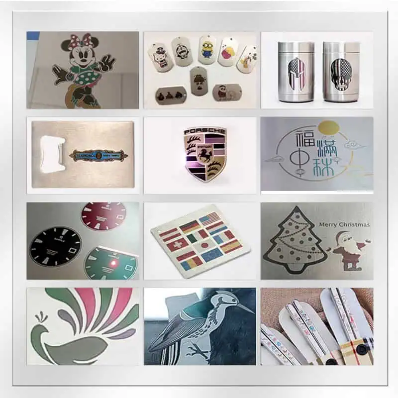 MOPA fiber laser marking sample montage including decorated pen bodies