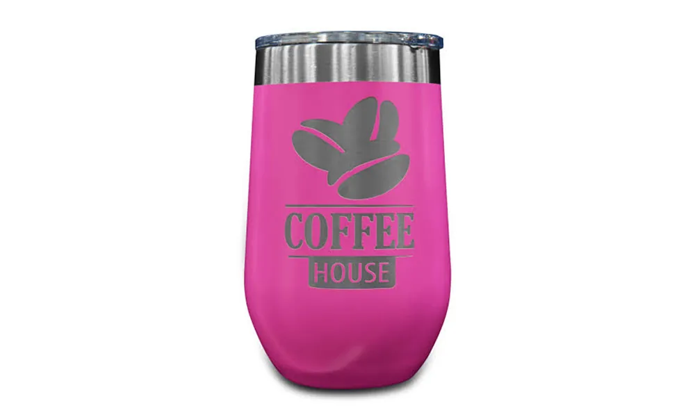 Pink painted tumbler with a laser-marked Coffee House graphic