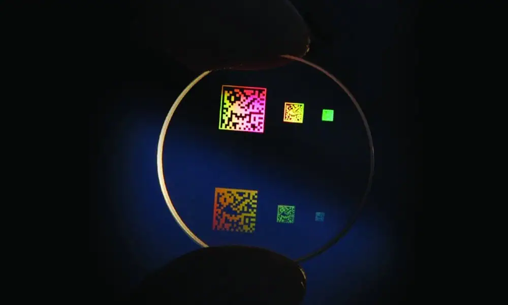 Sapphire laser marking sample with multiple fine Data Matrix code features