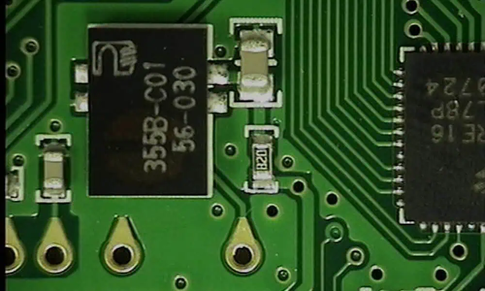 PCB surface illustrating solder mask and coating marking context
