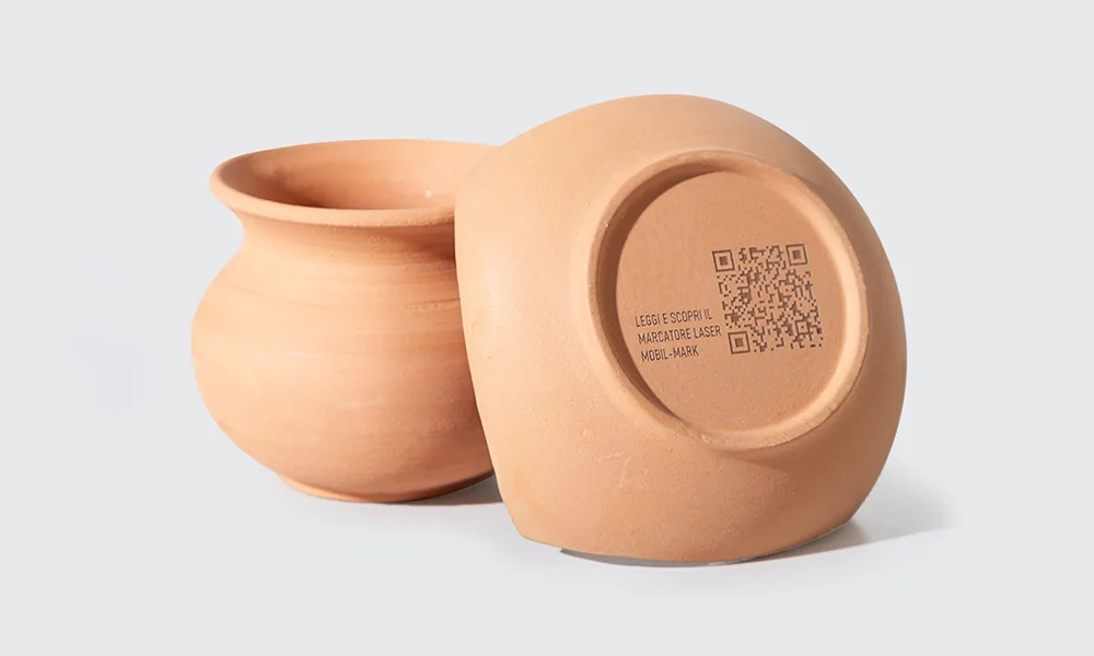 Ceramic product with laser-marked QR code and identification text