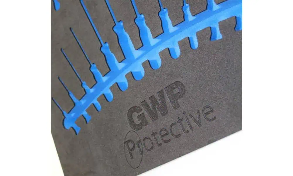 Dark protective foam insert with visible surface marking