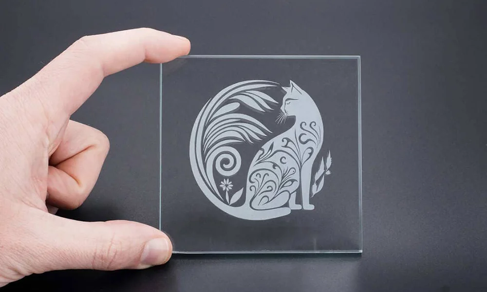 Laser-marked glass sample with decorative graphic on a transparent glass plate