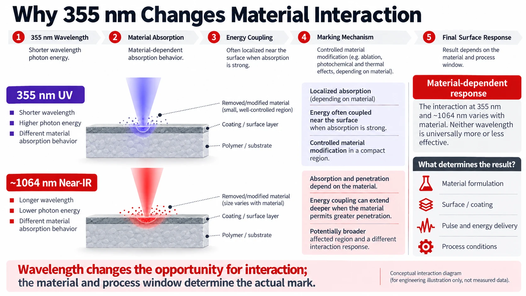 Diagramm zur Wechselwirkung zwischen 355-nm-UV-Laser und Material mit Darstellung von Wellenlänge, Absorption, Energiekopplung und Oberflächenreaktion