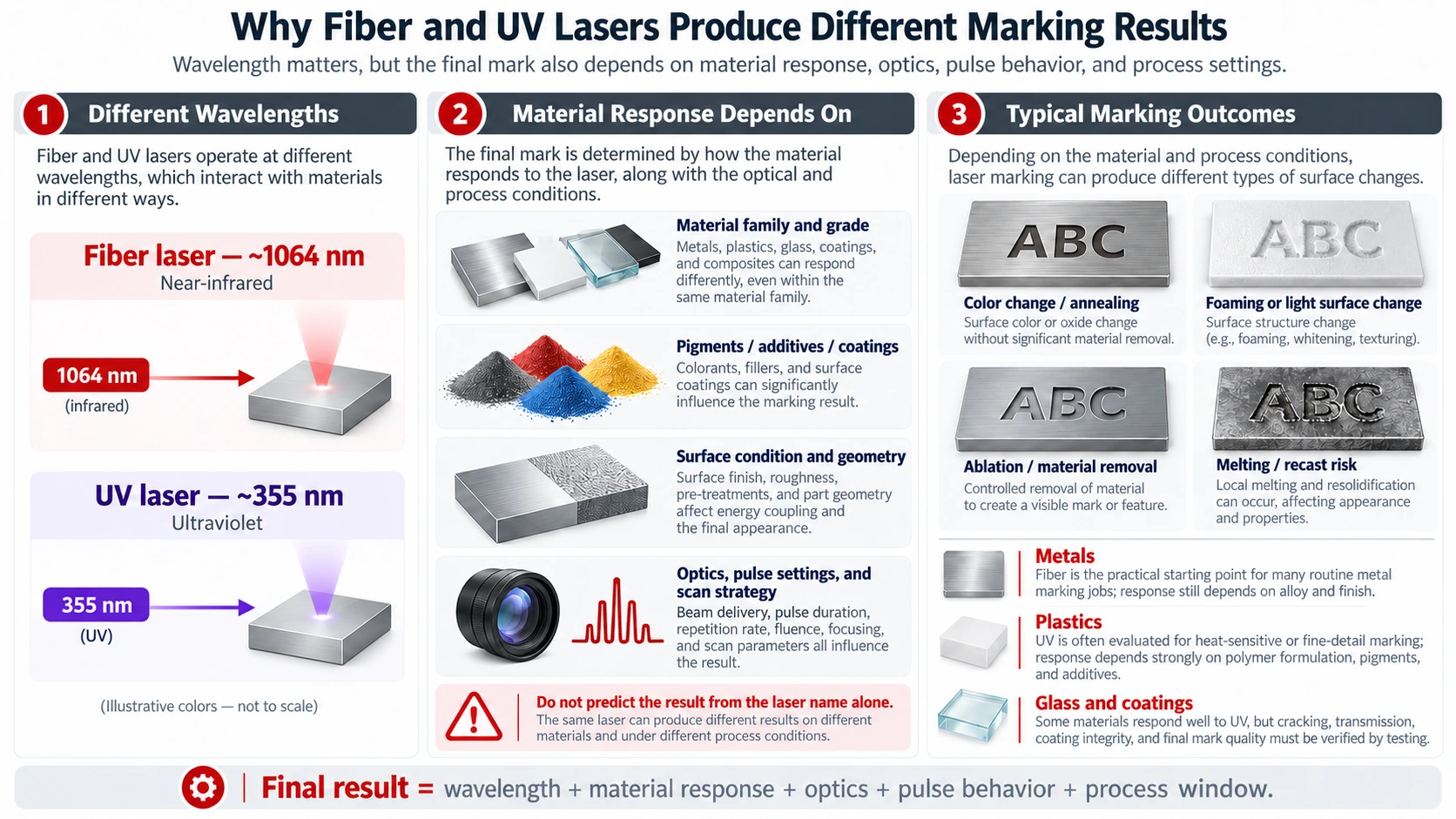 Infographic comparing 1064 nm fiber and 355 nm UV laser marking, material response factors, and surface outcomes including color change and ablation.