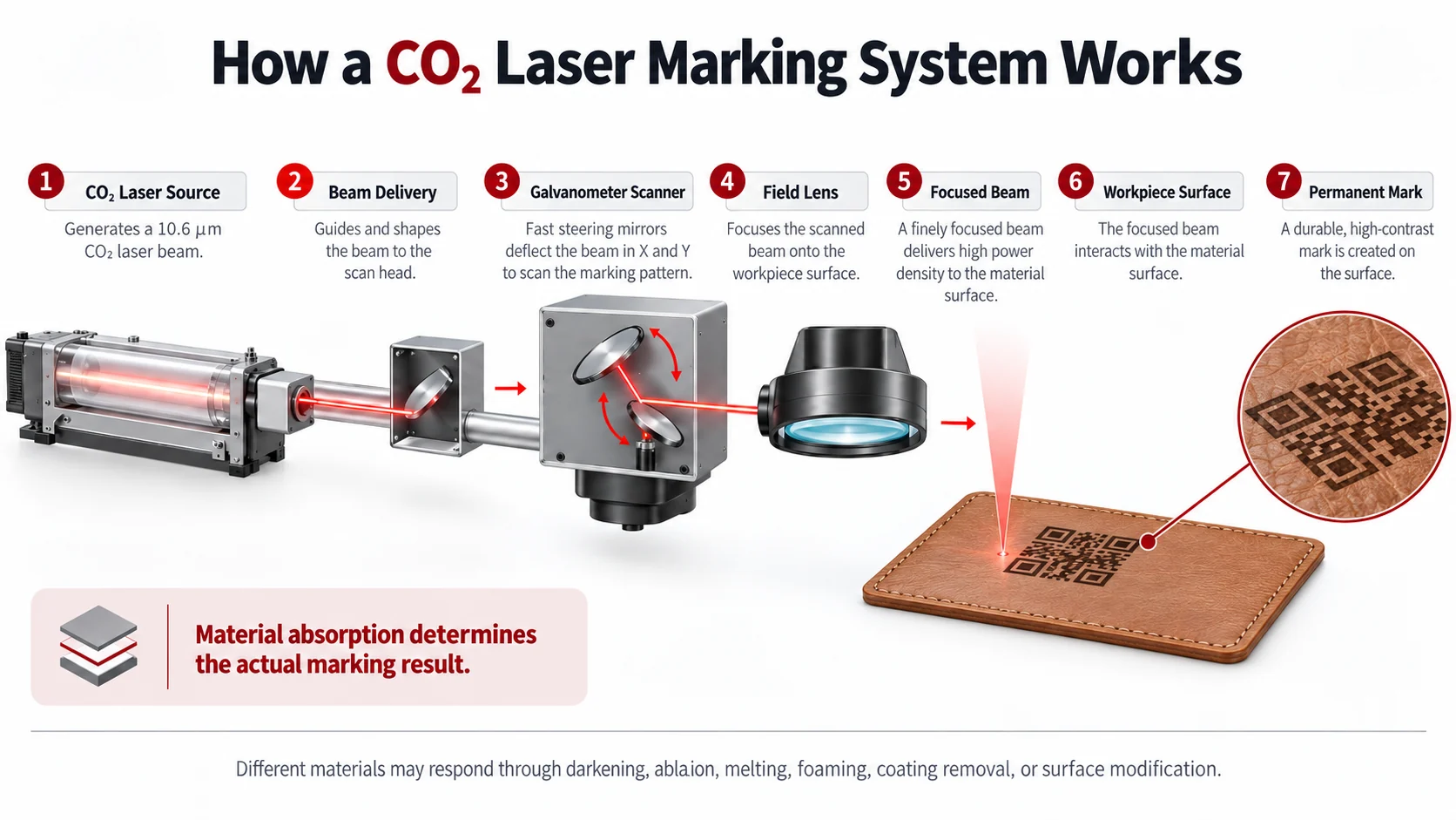 Technisches Diagramm eines CO2-Laserbeschriftungssystems, das Laserquelle, Strahlführung, Galvanometer-Scanner, Feldlinse, fokussierten Strahl und Werkstück zeigt