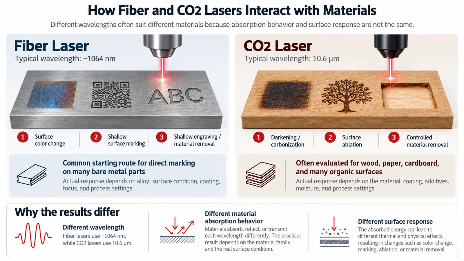 Engineering diagram comparing a 1064 nm fiber laser marking metal with a 10.6 micrometer CO2 laser marking wood or cardboard