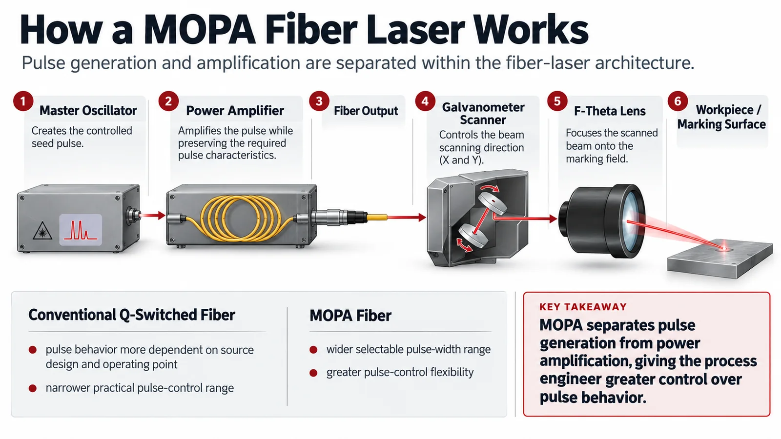 Technisches Diagramm, das die MOPA-Faserlaser-Architektur vom Master-Oszillator und Leistungsverstärker bis hin zu Galvanometer-Scanner, F-Theta-Linse und Werkstück zeigt.
