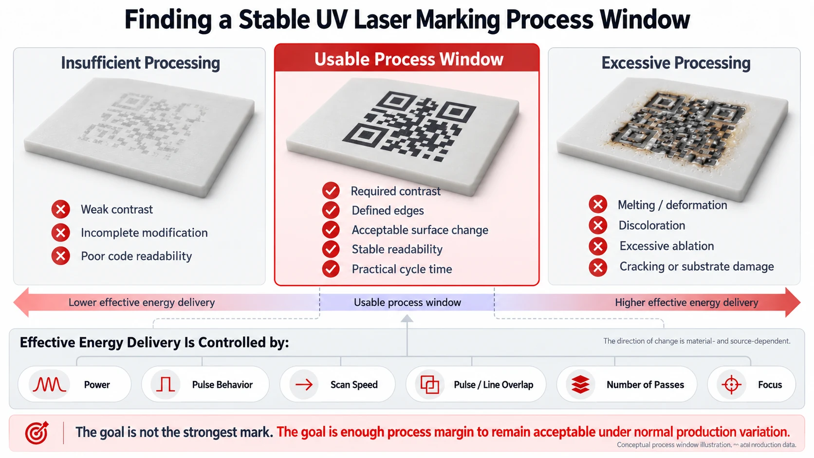 Diagramm zum Prozessfenster der UV-Laserbeschriftung mit Darstellung von unzureichender Bearbeitung, stabiler Beschriftung und übermäßiger Bearbeitung